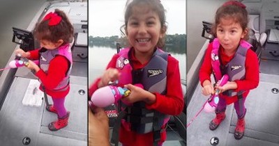 Little Girl Catches Fish With Help From Her Barbie Pole And Her Daddy 
