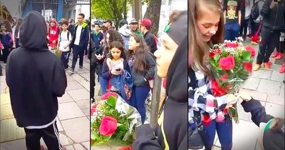Little Boy Patiently Waits For Crush With Flowers