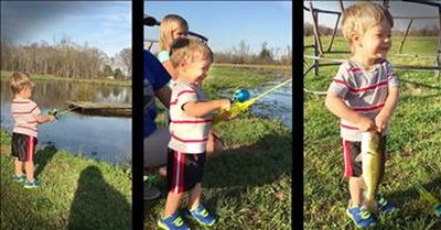 Little Boy Catching A Fish With His Toy Fishing Rod Will Make Your Day  