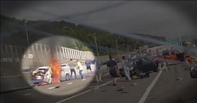 Hero Strangers Caught On Camera Saving A Woman From A Fiery Car 