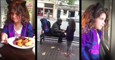 Little Girl Gives Her Lunch To The Homeless man Outside  