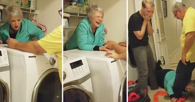 Grandma Hilariously Gets Stuck Behind Dryer