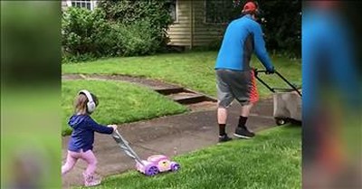 Father-Daughter Lawn Mowing Is Too Cute 