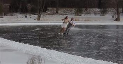 Figure Skating Couple Practice First Dance On Frozen Pond Before Wedding 