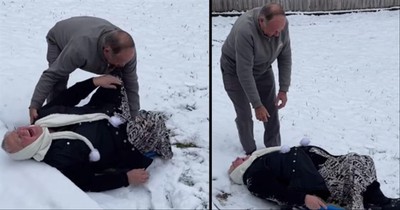 Grandma Hilariously Fails Trying To Sled Down Hill