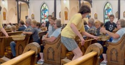 Little Boy's Funny Moment with Offering Plate at Church 