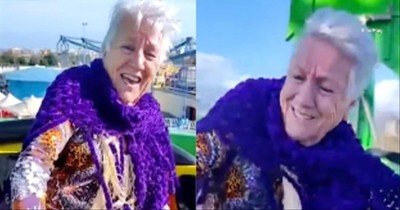 86-Year-Old Granny Hilariously Hangs On During Amusement Park Ride