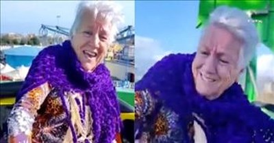86-Year-Old Granny Hilariously Hangs On During Amusement Park Ride 