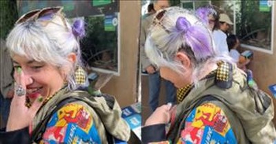 Hummingbird Mistakes Woman's Colorful Hair For A Flower 