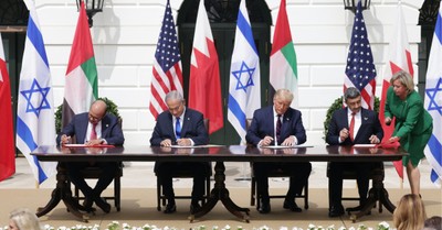 Israel and UAE representatives signing Abraham Accords, Representatives from Israel and the UAE sign the Abraham Accords