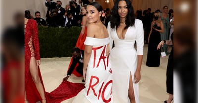 AOC wearing a Tax the Rich dress at the Met Gala, AOC at the Met Gala