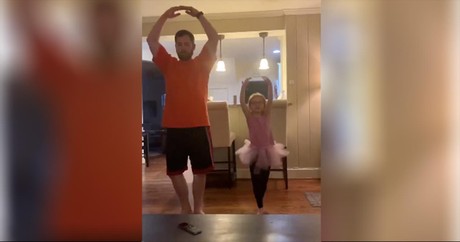 Daddy Helps Daughter Practice Ballet Moves At Home