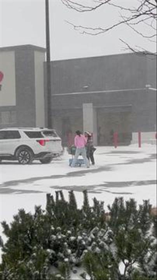Kind Girl Helps Stranger Push Shopping Cart Through Snowstorm