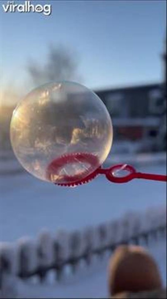 Bubble Forms Snow Crystals as It Freezes in Low Temperature in Sweden