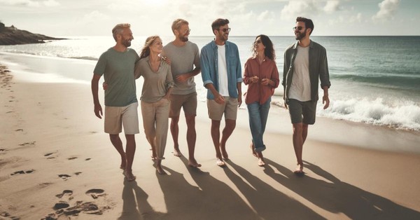 Group of friends walking together on the beach; how can we find freedom in this world full of temptation and sin?