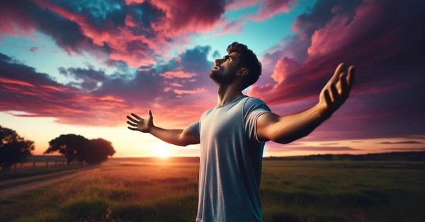 Man worshipping with arms outstretched in field at sunset; how can we be free in a world filled with temptation and sin?