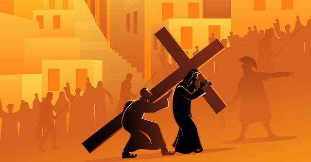 Illustration of Simon of Cyrene helping Jesus carry the cross