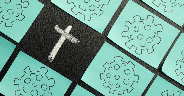 Chalk cross in the middle of covid sticky notes