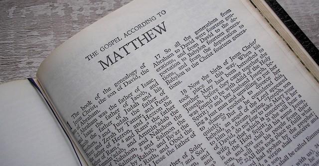 Bible open to gospel of Matthew, bible trivia about the gospel