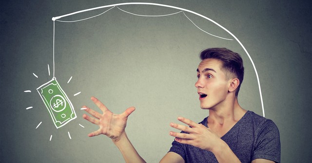 Graphic of a man reaching for money on a fishing hook that's just out of reach
