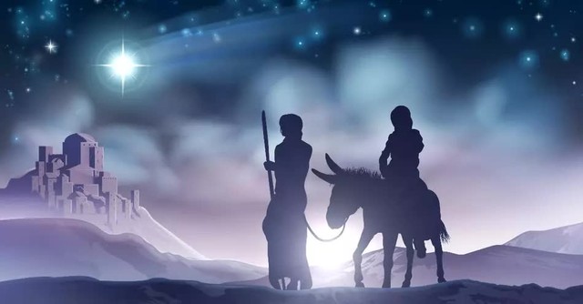 Illustration of Mary and Joseph traveling to Bethlehem