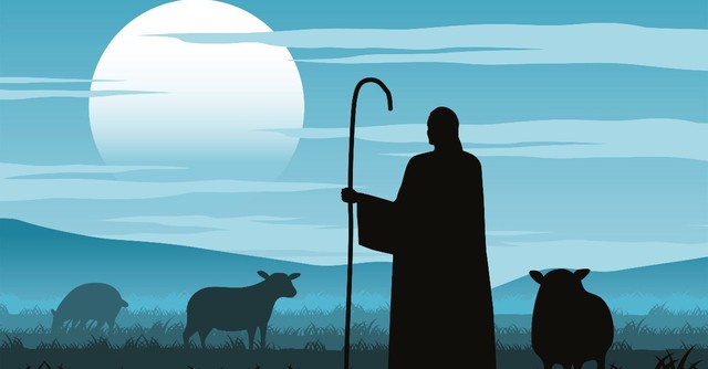 Illustration of a shepherd among hi sheep