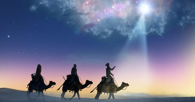 Illustration of the three wise men following the star