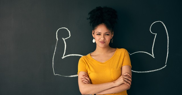 Woman with strong biceps drawn behind her