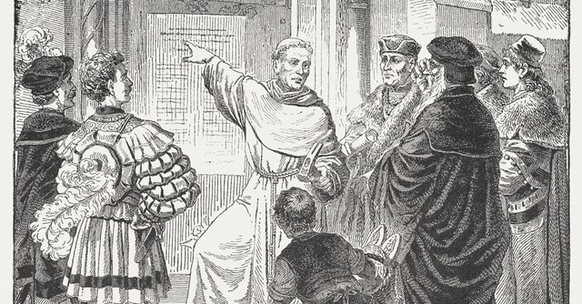 Drawing of Martin Luther with his 95 Theses