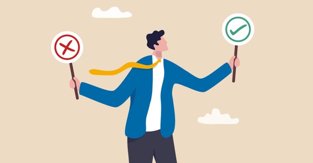Illustration of a man holding two signs, one for right and one for wrong