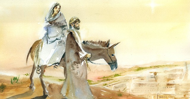 Painting of Mary and Joseph, traveling on a donkey