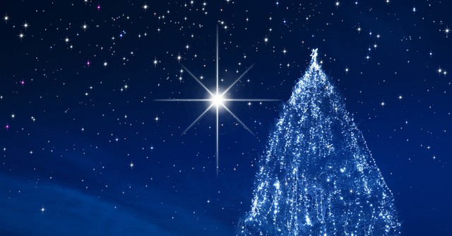 blue night winter sky christmas tree lights and star