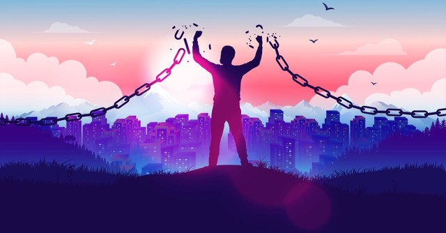 Illustration of a man on hilltop braking chains