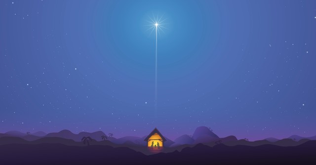 Illustration of a Nativity scene with a star high above