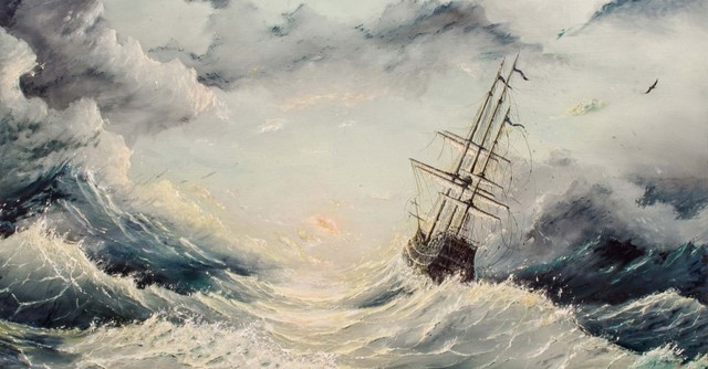 Painting of a ship at sea in a mighty storm
