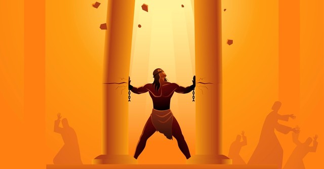 Illustration of Samson tied to the temple pillars