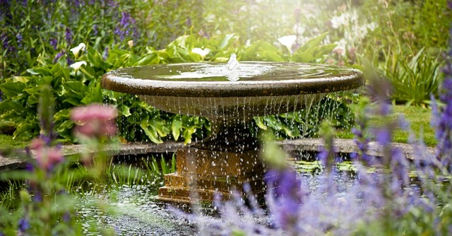 A water fountain surrounded by flowers in a garden