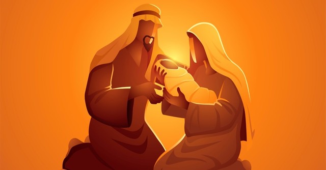 Illustration of joseph and mary holding baby jesus