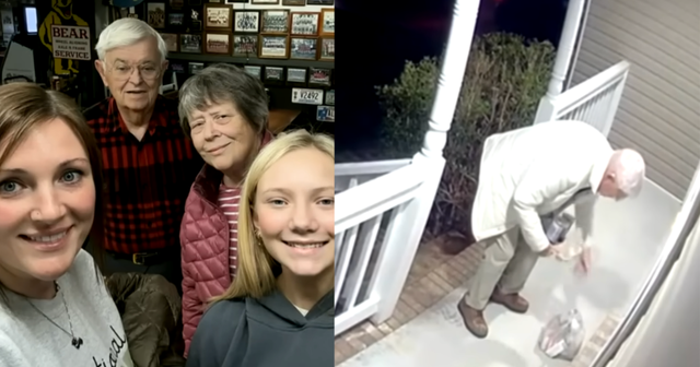 A family with an elderly man and an elderly man delivering food