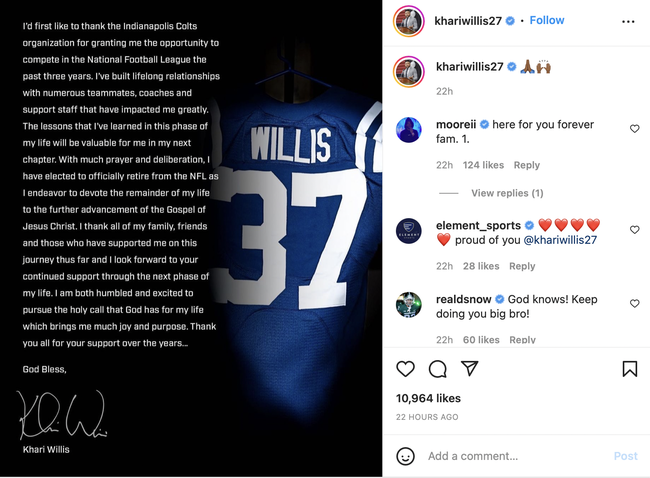 Willis opts to retire from Colts, pursue ministry at age 26