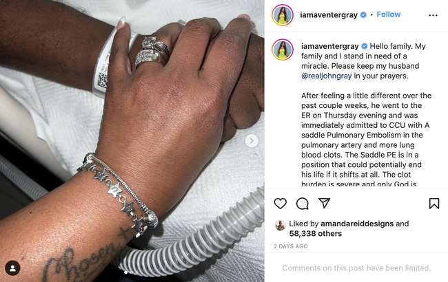 Aventer Gray asks for prayers after John is submitted to the hospital