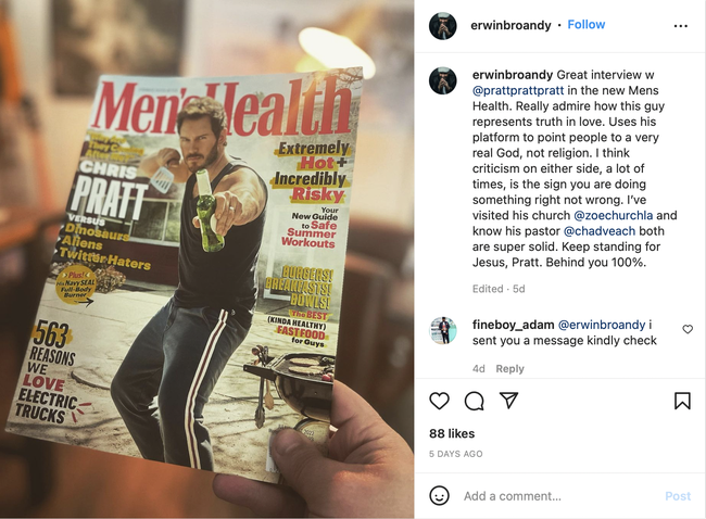 Andrew Erwin defends Chris Pratts controversial interview