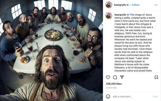Bear Grylls posts photo of Jesus taking a selfie during the last supper