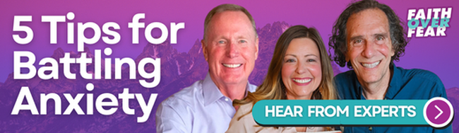 Banner ad for the Faith Over Fear podcast with Max Lucado about fighting anxiety