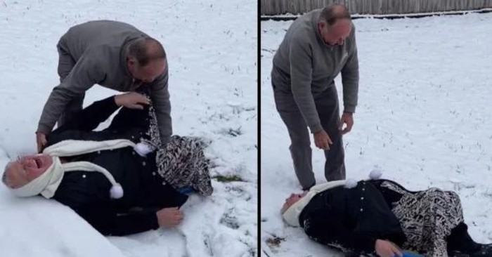 Family Playing in the Snow Hits Record As Grandma Hilariously Fails at Sledding Down Hill