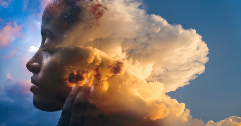 creative image of woman fading into clouds, bible self-care