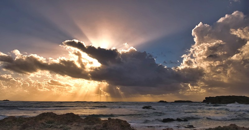 sunrise over water and rocks, goodness of god