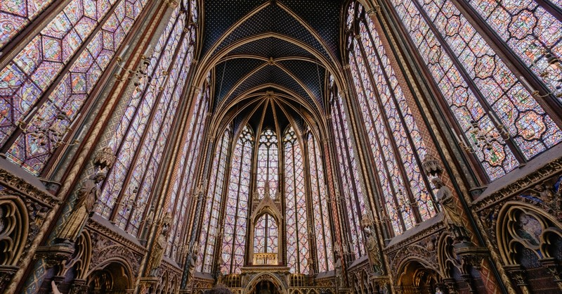 beautiful stained glass windows in gothic cathedral church