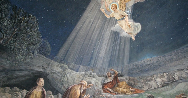 painting of angel coming to announce birth of jesus to shepherds, for unto you is born this day in the city of David a saviour who is christ the lord