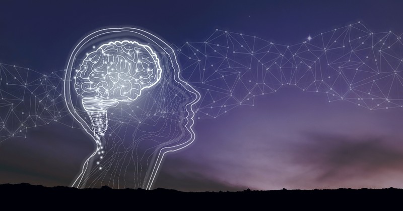 Graphic of translucent head and brain over landscape